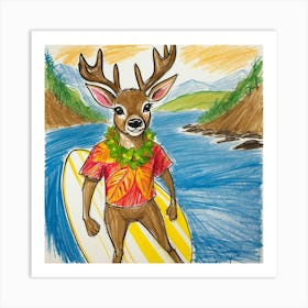 Deer On Surfboard 11 Art Print