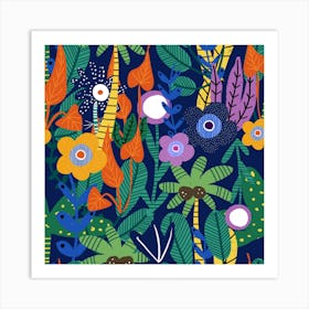 Joyful Jungle Floral Blue Art Print