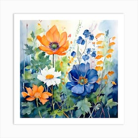 Blue And Orange Flowers 1 Art Print