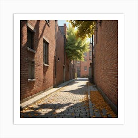 A Quiet Alleyway During The Day With Textured Brick Walls Scattered Leaves And Soft Shadows High Res 3949345501 Art Print