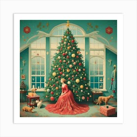 Vintage Christmas Tree Red Dress Art Print