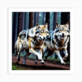 Two Wolves Running In The Forest Art Print