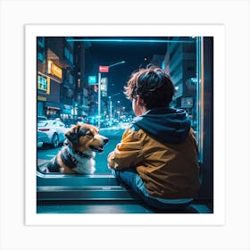 Young Boy Looking Out Window At Night With Dog Art Print