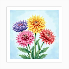 Colorful Watercolor Dahlias Against A Sky Blue Background 1 Art Print