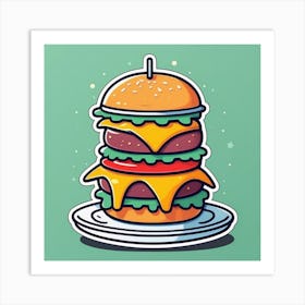 Burger On Plate On Table Sticker 2d Cute Fantasy Dreamy Vector Illustration 2d Flat Centered (30) Art Print