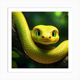 Yellow Baby Snake With Green Eyes Animated In 3d Exhibiting Surprise Looped Around A Tree Branch Art Print