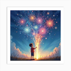 Boy Looking At Fireworks Art Print