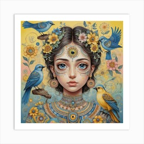 Woman With Birds 1 Art Print