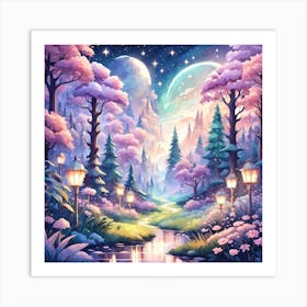 A Fantasy Forest With Twinkling Stars In Pastel Tone Square Composition 432 Art Print