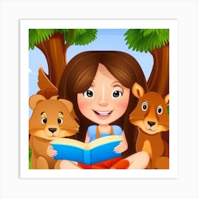 Girl Reading A Book With Animals Art Print