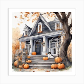 Halloween Cat On Steps In Front Of The Halloween House Watercolor Trending On Artstation Sharp Fo (1) Art Print