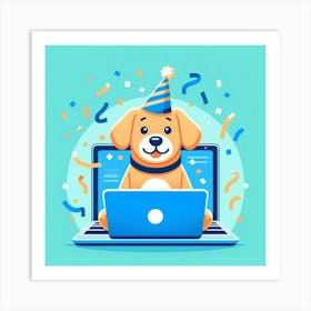 Happy Dog With Laptop Art Print