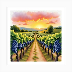 Watercolor Of A French Vineyard Sunset With Grapes And Rolling Hills 1 Art Print