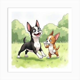 Cheerful Boston Terrier Playing With Its Owner In The Yard, Watercolor 1 Art Print