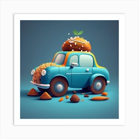 Cartoon Style Blue Car Made Out Of Food Art Print