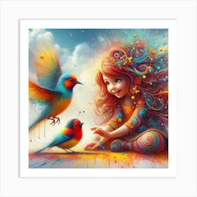 Girl With Birds Art Print