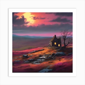 House on the Heather Moorland with View across the Valley Art Print