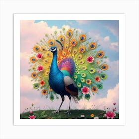 Enchanted Peacock With A Floral Tail Fanning Out Like A Rainbow, Strutting Under A Pastel Sky 1 Art Print