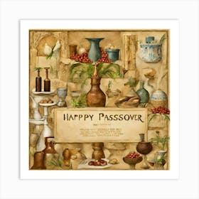 Happy Passover- passover, seder plate, pottery, rustic, herbs, celebration, jewish holiday, traditional, wine bottles, matzo Art Print