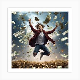 Happy Young Man Jumping With Money Art Print