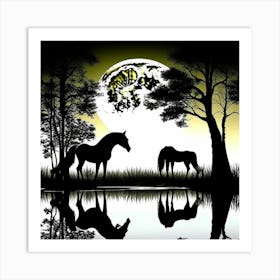 Horses In The Moonlight Art Print