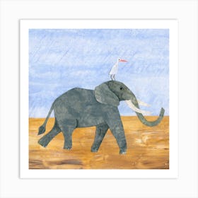 Elephant And White Heron Square Art Print