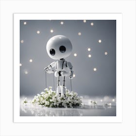 Porcelain And Hammered Matt Black Android Marionette Showing Cracked Inner Working, Tiny White Flowe (3) Art Print