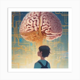 Boy Looking At A Brain Art Print