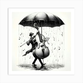 A Musical Instrument Holding An Umbrella In The Rain, Ink Drawing 2 Art Print