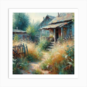 Old Wooden House In The Countryside, Acrylic Painting Style Art Print