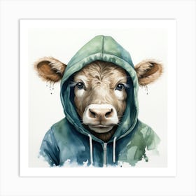 Watercolour Cartoon Zebu In A Hoodie 1 Art Print