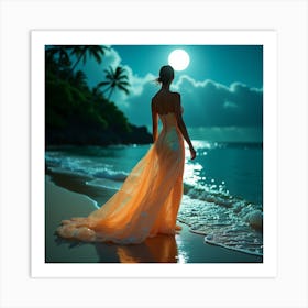 Beautiful Woman On The Beach At Night 3 Art Print