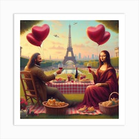 Mona Lisa and Da Vinci  picnic at Eiffel Tower Art Print