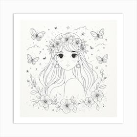 Girl with Pearl Earrings and Flower Crown: A Minimalistic and Delicate Line Art Drawing Art Print