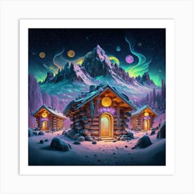 Mountain village snow wooden 6 16 Art Print