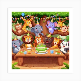 Birthday Party In The Jungle - A group of jungle animals are having a party in a treehouse. The animals are all different shapes and sizes, and they are all wearing funny hats and costumes. The treehouse is decorated with balloons and streamers, and there is a big cake in the middle of the table. The animals are all laughing and having a good time. 1 Art Print