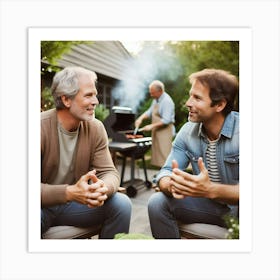 Men chatting in garden backyard with barbecue in background. Art Print