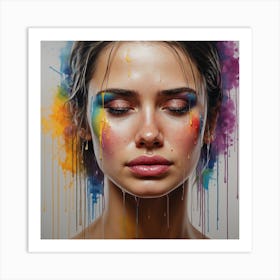 Portrait of a woman crying with tears of paint, glossy painting Art Print