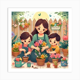 Mother And Children Planting Flowers Art Print