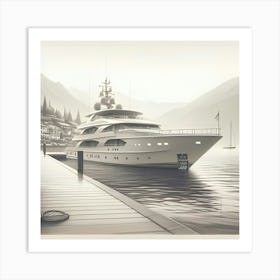 A Pencil Drawing Of A Luxury Yacht On A Lakefront 2 Art Print