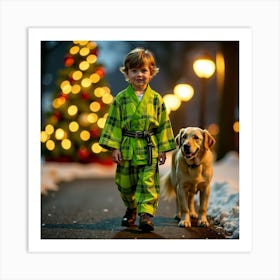 Boy With Dog In Front Of Christmas Tree Art Print