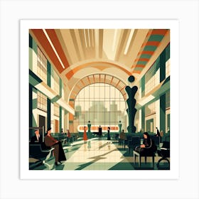 Art Deco train station, travelers awaiting departure Art Print