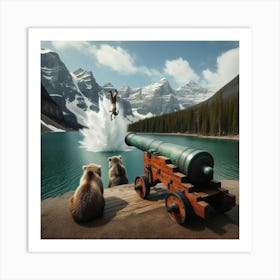 Bears Watching A Man Shoot Out Of A Cannon Art Print