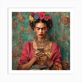 Frida Kahlo Checking Her Social Media. Art Print