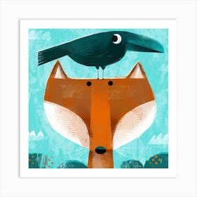 Fox With Pesky Crow Square Art Print