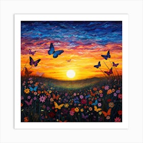 Sunset With Butterflies 2 Poster