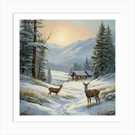 Deer In The Snow 34 Art Print