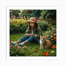 Girl And Cat In The Garden Art Print