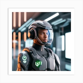 The Image Depicts A Stronger Futuristic Suit For Military With A Digital Music Streaming Display 15 Art Print