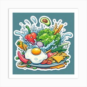 A Plate Of Food And Vegetables Sticker Top Splashing Water View Food 6 Art Print